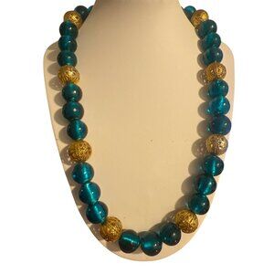 Vintage Blue Glass Bead Necklace Gold Tone Cage Beads Hook Clasp Estate 19.5"